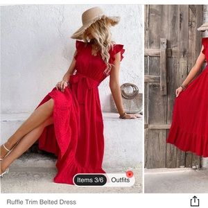 Red Ruffle Trim Belted Dress